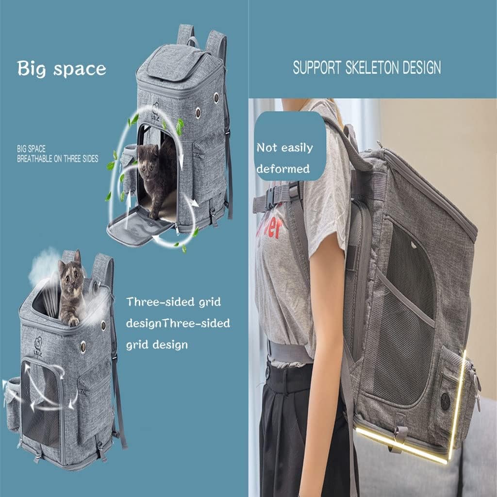 Sac à dos de transport pour chat, sac à dos extensible pour petits chiens et chats, sac à dos avec maille respirante, avec sac de rangement multifonctionnel, coussinet amovible à double usage 