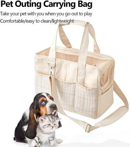 Sac à main de transport pour chien, sac de transport pliable en tissu de coton, sac fourre-tout de voyage pour animaux de compagnie avec poches pour chat et petit chien 