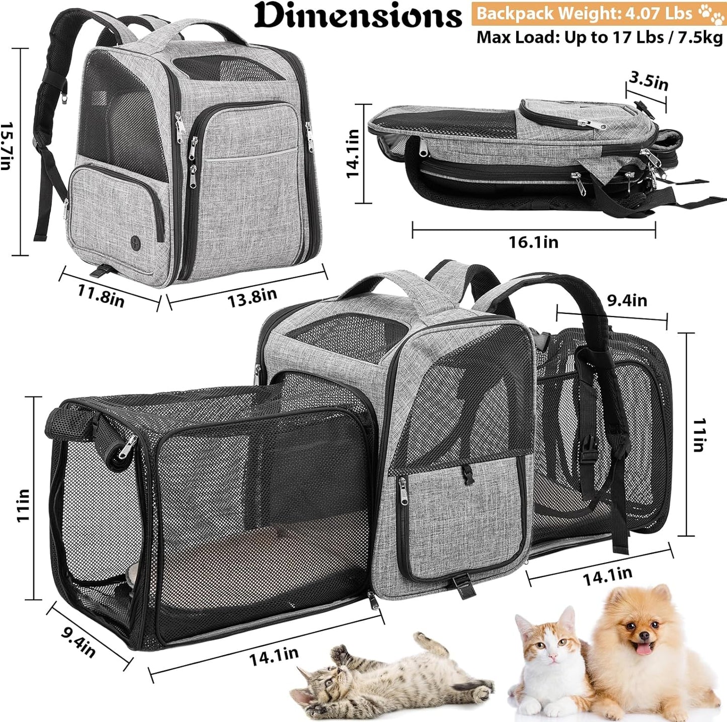 WHDPETS Sac à dos de transport pour chat, extensible sur 2 côtés pour chats et chiens pesant jusqu'à 9 kg, sac de transport respirant avec laisse de sécurité intérieure, gris 