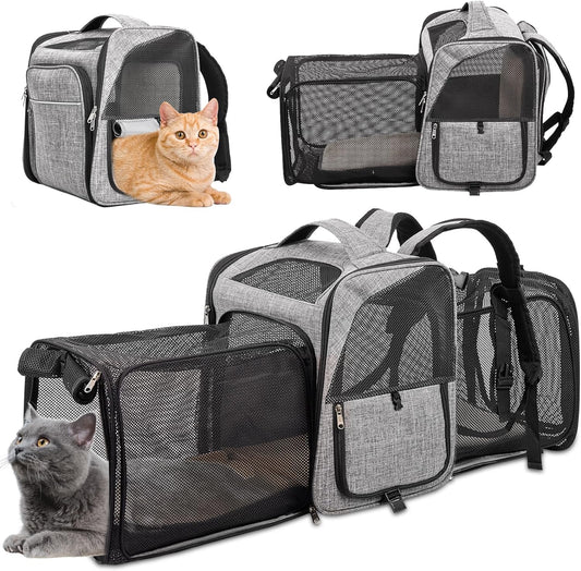 WHDPETS Sac à dos de transport pour chat, extensible sur 2 côtés pour chats et chiens pesant jusqu'à 9 kg, sac de transport respirant avec laisse de sécurité intérieure, gris 